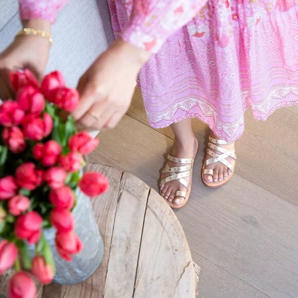 Beek Lory Slide Flat SANDALS Size 5 Platinum Beach Leather Studs NEW $295 - Picture 3 of 14